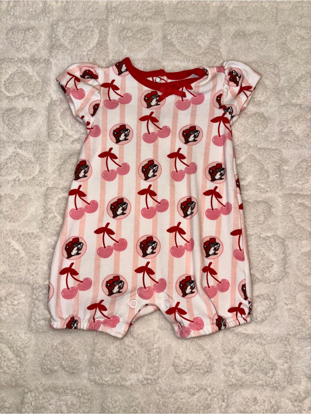 Buc-ees Baby Girls Pink Cherry Print One-Piece Romper